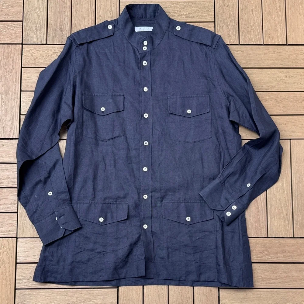 Πετράτος (Petratos) navy blue linen safari shirt button-epaulets patch pockets - Picture 1 of 5